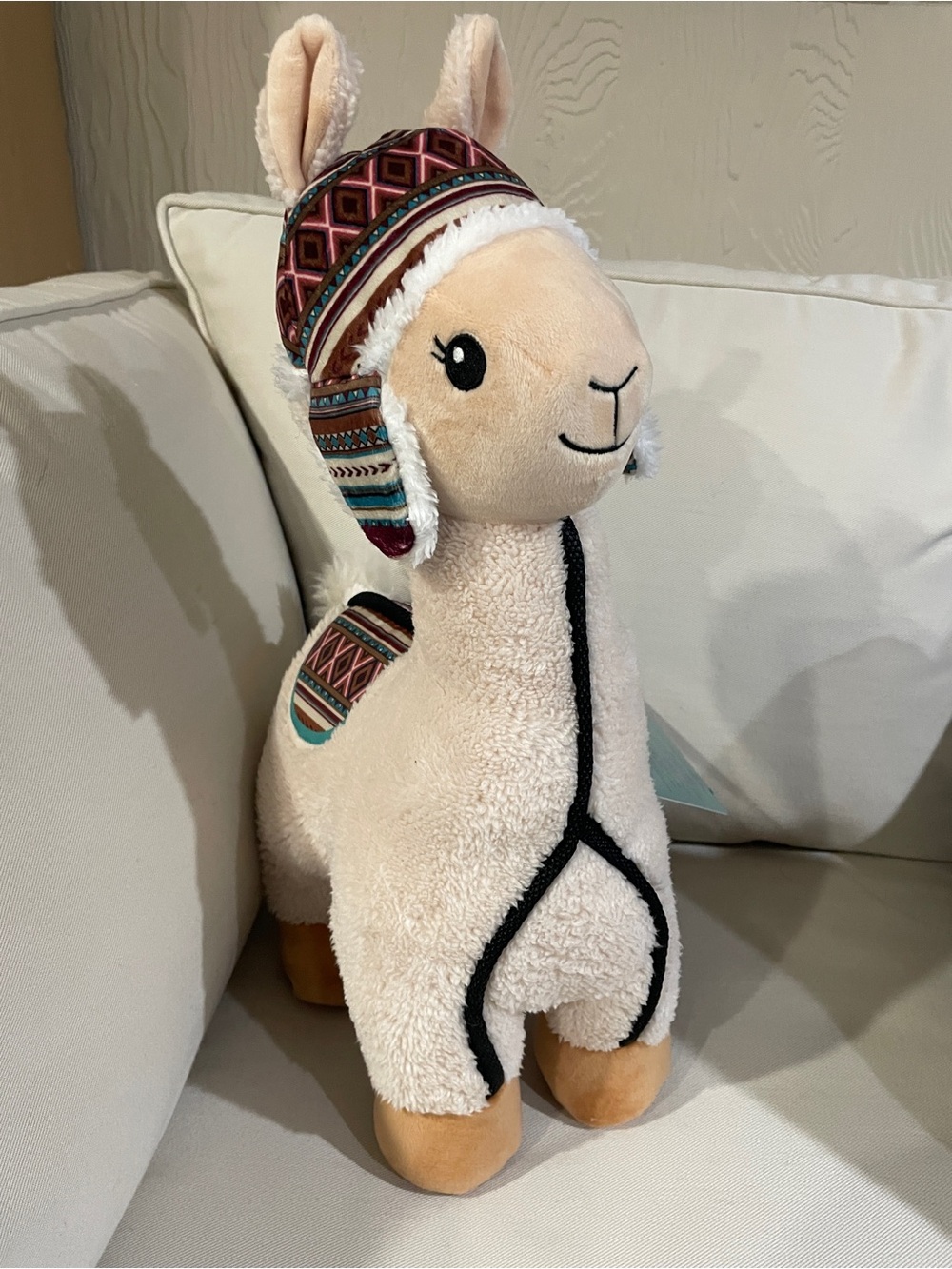 NWT Plush Llama Holiday Decor Accent - Beige with Patterned Hat 18” Tall
